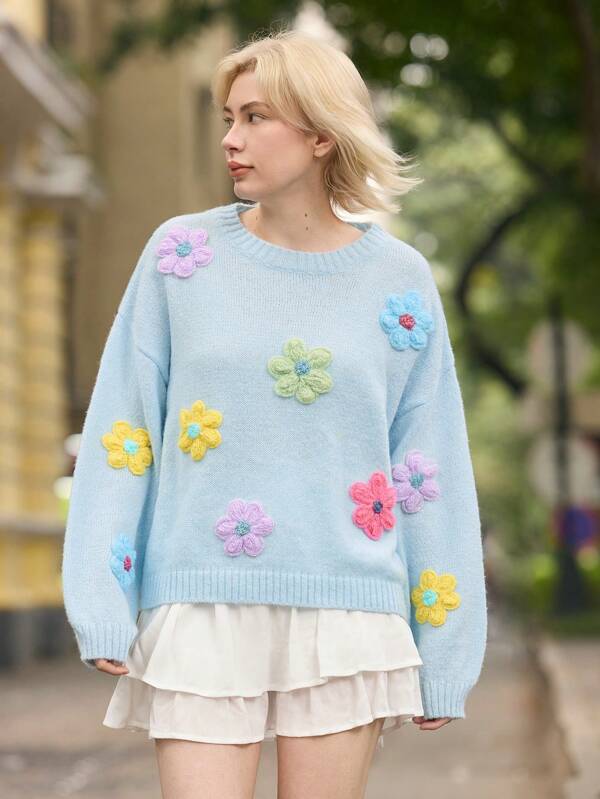 Skyraze Women 3D Floral Decor Round Neck Long Sleeve Casual Sweater,3D Floral Design