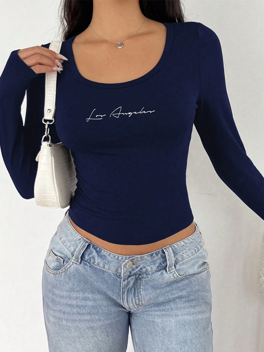 SHEIN EZwear 女款休閒深藍色短版上衣,長袖圓領基礎 T-shirt,適合外出穿著 - 藏蓝色 - 查看 1