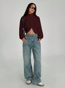 SHEIN Unity Women Casual Solid Color High Neck Batwing Sleeve Cropped Sweater, Autumn/Winter - Burgundy - View 5