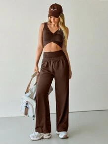 Hanevo Women's Autumn Winter Sports Casual Front Ruched Short Vest, Waist Drawstring Knit Patchwork Tracksuit With Relaxed Fit Sweatpants Set Sportwear For Daily Wear - Brown - View 3