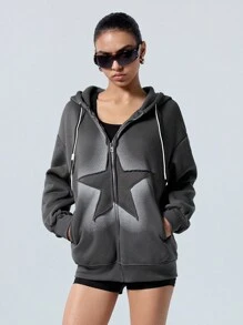 LYSMO Women Star Print Zip-Up Dropped Shoulder Long Sleeve Hoodie Sweatshirt, Autumn,Long Sleeve Tops - Dark Grey - View 3