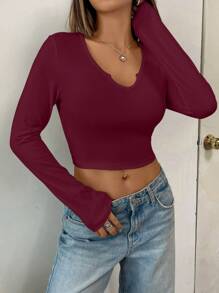 INAWLY Women Casual Solid Color Notched Neck Crop T-Shirt, Autumn