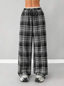 SHEIN EZwear Women's Spring Summer Daily Wear Y2K Fashion Streetwear Athleisure 90s Fashion Vintage Plaid Contrast Lace Drawstring Elastic Waistband Black And White Baggy Wide Leg Pants