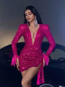 Glamrae Đầm dài tay cổ chữ V sâu, sang trọng, đính sequin lấp lánh, có đệm vai, viền lông vũ giả, xếp ly bên hông, đa năng cho hẹn hò, lễ hội, năm mới, đầm cocktail ngắn ôm sát, đầm dự tiệc cưới, đầm dự tiệc, đầm Valentine. - Màu Hồng Tươi - Xem 5