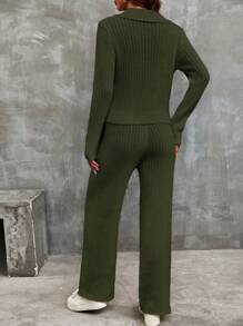 EMERY ROSE Solid Ribbed Knit Sweater & Knit Pants Fall Winter Cloth For Women - Army Green - View 2