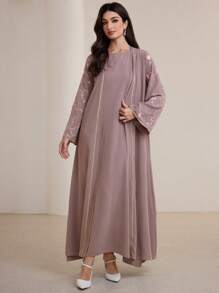 Graceveil Women's Long Ditsy Floral Embroidered Elegant Arabic Style Suit, Spring/Summer Modest - Pink - View 5