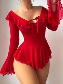 SHEIN 2 件套浪漫露肩网眼拼接长袖褶皱性感睡裙娃娃裙新娘外出内衣 - 紅色 - 查看 4
