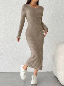 SHEIN PETITE Robe moulante à manches longues pour l'automne, col rond côtelé, couleur unie pour femme