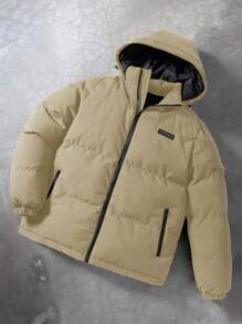 Manfinity Hypemode 男士休闲纯色连帽冬季夹克 - 卡其色 - 查看 1