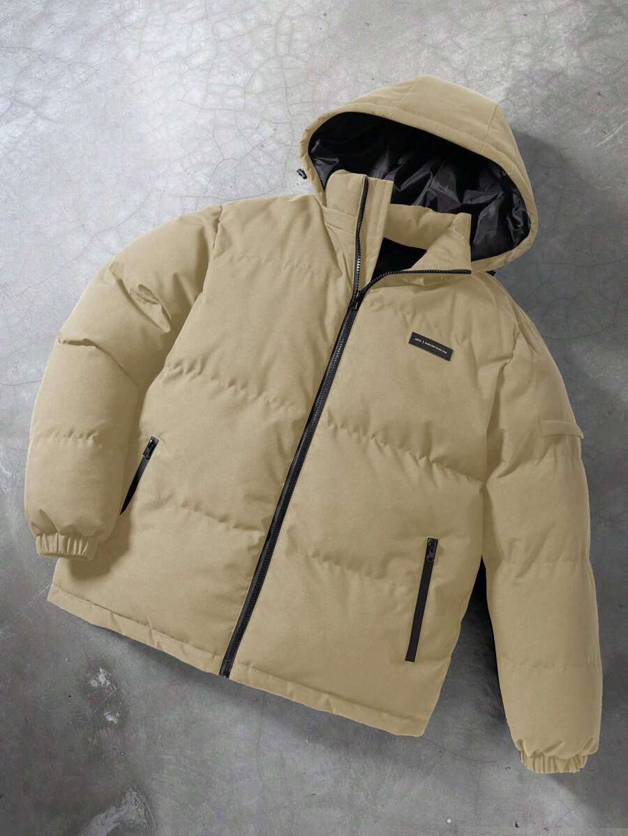 Manfinity Hypemode 男士休闲纯色连帽冬季夹克 - 卡其色 - 查看 1