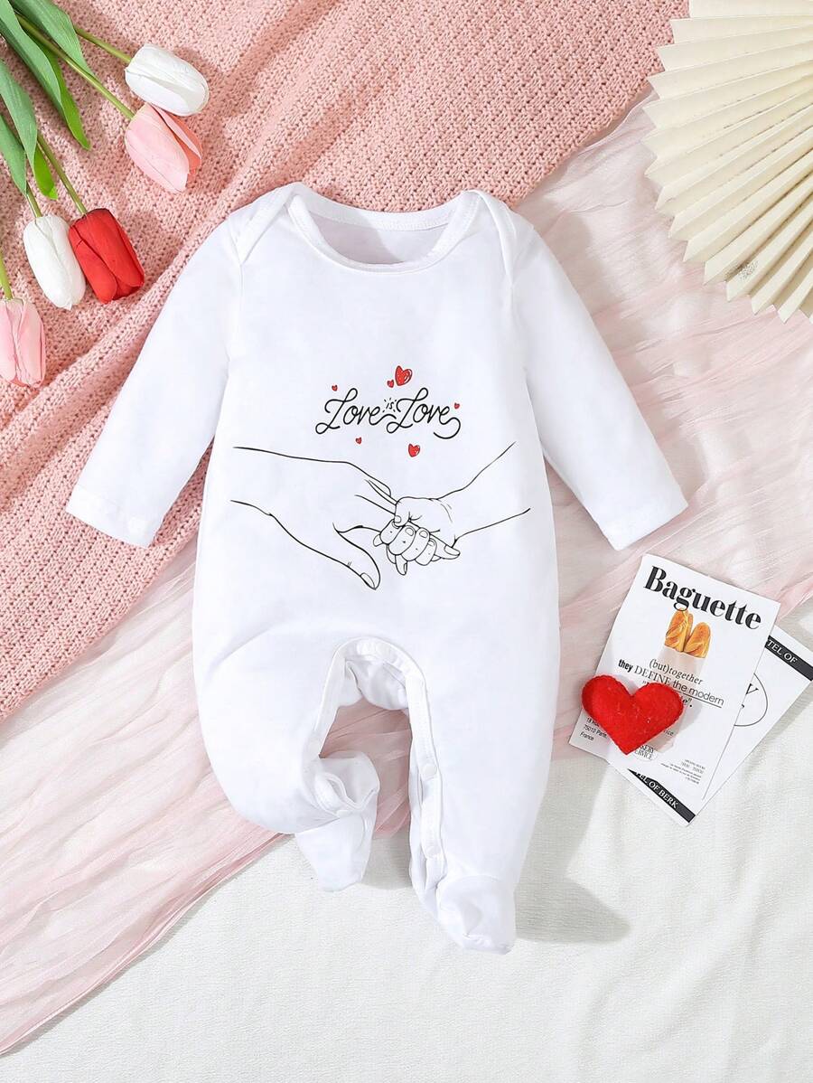 SHEIN Newborn Letter Print White Base Minimalist Fashion Long Sleeve Footed Pajamas Set
