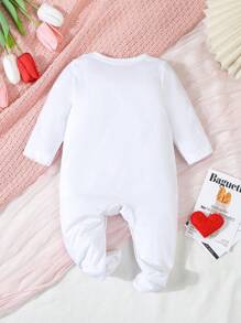 SHEIN Newborn Letter Print White Base Minimalist Fashion Long Sleeve Footed Pajamas Set