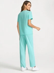 TaskEZ Solid Color Short Sleeve And Pants Scrub Uniform Set - Green - View 7