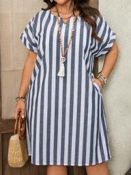 EMERY ROSE Vestido Listrado de Manga Curta para Mulheres Plus Size, Início da Primavera