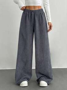 Muchica 灰色灯芯绒阔腿裤，纯色休闲时尚，适合日常穿着