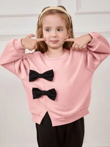 Cozy Pixies Young Girl Fashionable 3D Bow Crew Neck Drop Shoulder Pink Pullover Sweatshirt - Pink - View 3