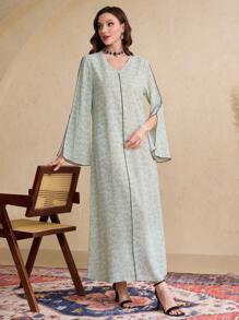 Al Najma V-Neck Long Sleeve Patchwork Minimalist Dress,Modest - Green - View 1