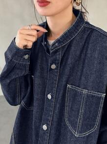 FRIFUL Women's Front Button Long Sleeve Pocket Simple Casual Jean Dress - Black - View 7