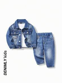 Juego de 2 piezas de chaqueta de jean deslavado con cinta decorativa, y atuendo minimalista cómodo diario de estilo callejero vintage para bebés niños, adecuado para otoño/invierno