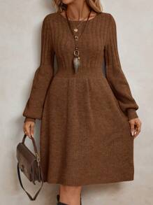 EMERY ROSE Women Solid Color Round Neck Long Sleeve Simple Casual Short Knit Sweater Dress - Brown - View 4