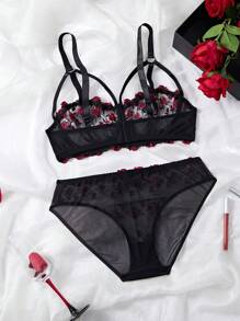 2 件套加大码浪漫花卉印花性感文胸和内裤内衣套装，提拉