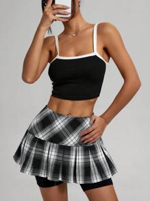 SHEIN Essnce Women's Simple Plaid Pleated Shorts, Casual Daily Wear - Multicolor - View 4