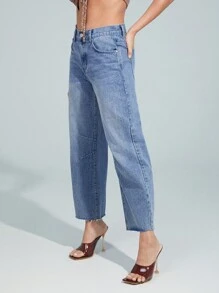 Denimoi Premium Denim Cropped Barrel Leg Mid Rise Jeans - Blue - View 5