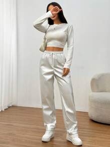 SHEIN EZwear Casual Minimalist Metal Drawstring Waist Long Pants - Silver - View 5