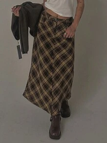 DAZY Women's Low Waist Plaid Long Straight Skirt, Coffee Brown, All Season Fall Skirts