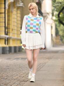 SHEIN Unity Women Colorful Plaid Mosaic Sweater Vest, Spring,Geometric Pattern - Multicolor - View 4
