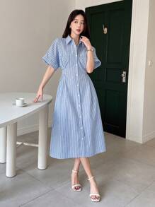 DAZY Women Striped Waistband Shirt Dress, Mid-Length Sundress,Casual Women Dresses