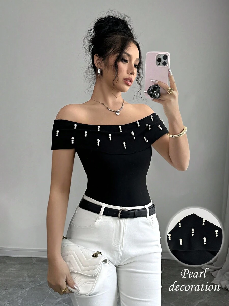 Elenzga 女士优雅露肩无袖串珠紧身衬衫，春夏 - 黑色 - 查看 1