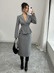 SHEIN PETITE Set de 2 piezas para mujer con diseño de pliegues y estampado de flores, top y falda de línea A, para otoño/invierno