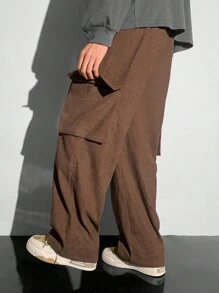 SHEIN 青少年男孩宽松休闲舒适实用口袋侧直腿裤 - 駝色 - 查看 2