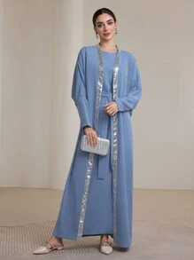 Graceveil 女士阿拉伯两件套 - 蝙蝠袖撞色亮片装饰背心直筒连衣裙和端庄长袍