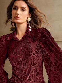 Anewsta Turndown Collar Long Sleeve Velvet Print Elegant Blouse