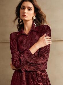 Anewsta Turndown Collar Long Sleeve Velvet Print Elegant Blouse