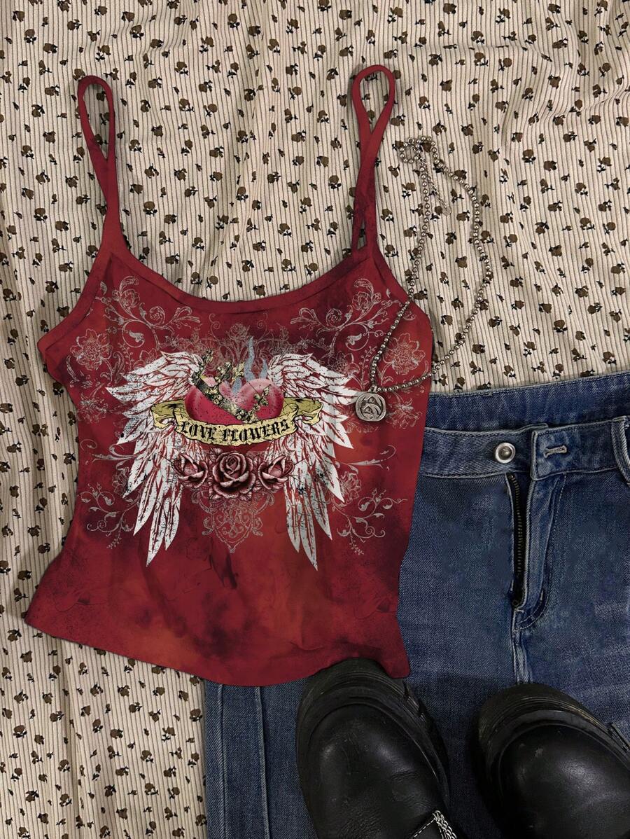 Attitoon 女士休闲心形翅膀图案性感紧身吊带背心上衣，适合夏季 - 彩色 - 查看 1