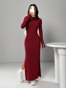 SHEIN EZwear Đầm dài xẻ tà màu trơn thanh lịch - Đỏ - Xem 3