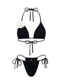 Swim Chiccia Springbreak Women 3-Piece Floral Halter Neck Triangle Bikini Set With Ruffled Trim Beach Dress Swimwear For Summer Beach Vacation - Black - View 6