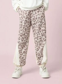 SUMWON 设计师豹纹慢跑运动裤，柔软舒适，适合冬季穿着，弹性裤脚收口，侧边拼接设计，休闲百搭。 - 米色 - 查看 1