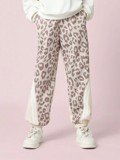 SUMWON 设计师豹纹慢跑运动裤，柔软舒适，适合冬季穿着，弹性裤脚收口，侧边拼接设计，休闲百搭。