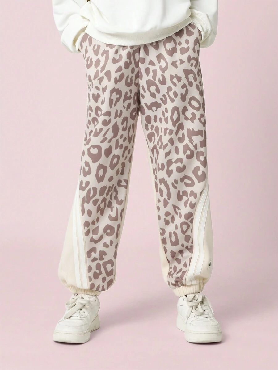 SUMWON 设计师豹纹慢跑运动裤，柔软舒适，适合冬季穿着，弹性裤脚收口，侧边拼接设计，休闲百搭。 - 米色 - 查看 1