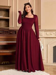 SHEIN EZwear Plus Size Women Wine Red Vintage Mesh Panel Flared Dress