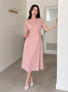 DAZY Solid Color Round Neck Loose T-Shirt Dress For Women, Mid-Length Sundress - Pink - View 4