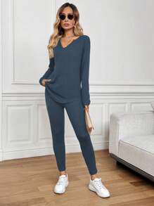 SHEIN LUNE 2pcs Women's Basic Black Leggings And T-Shirt Set, Winter New Arrival Homewear