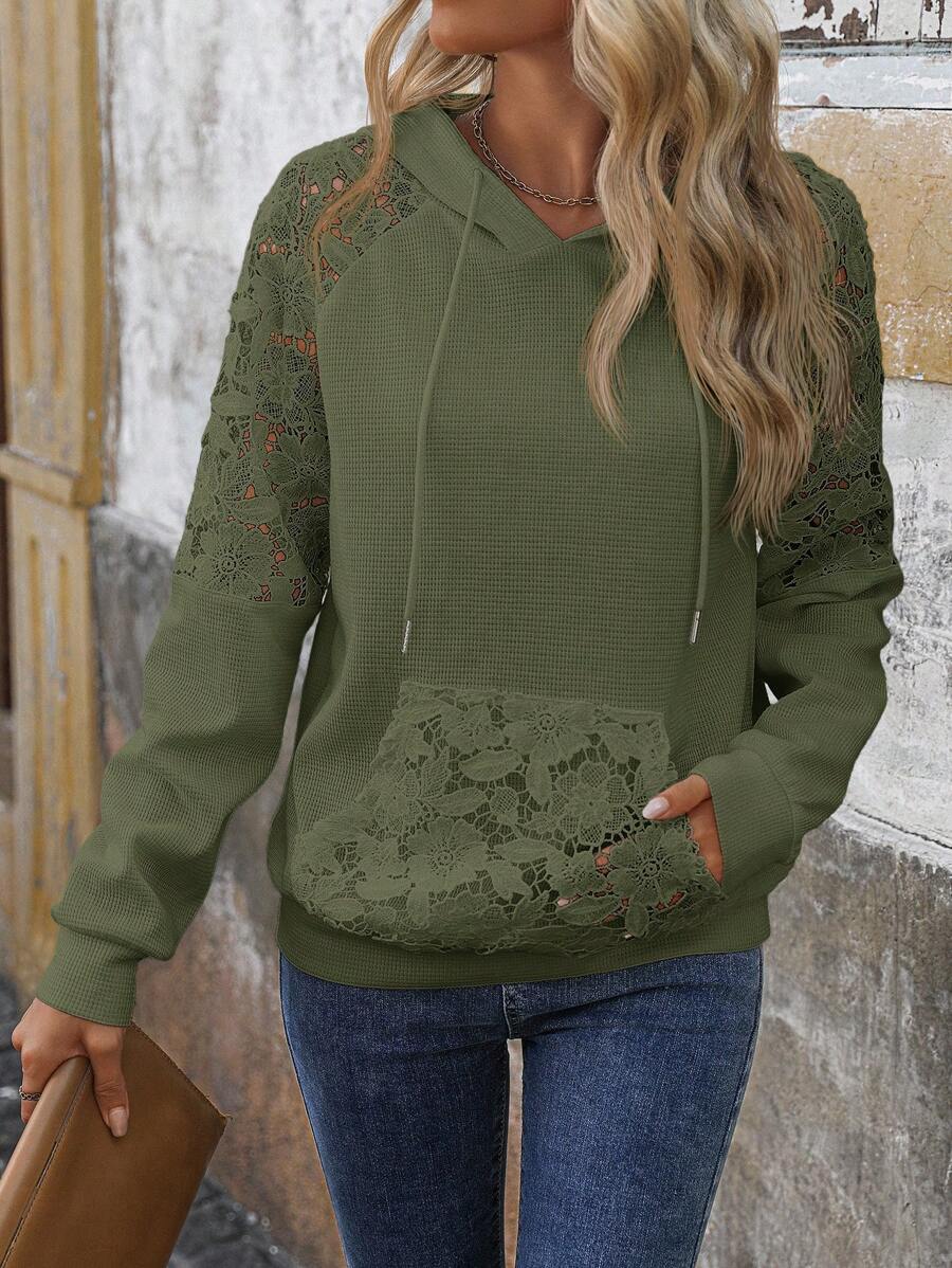 SHEIN LUNE Women's Autumn/Winter Water Soluble Lace Patchwork Cross Ribbed Casual Hoodie - Olive Green - View 1