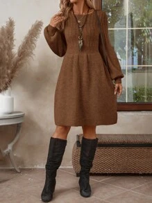 EMERY ROSE Women Solid Color Round Neck Long Sleeve Simple Casual Short Knit Sweater Dress - Brown - View 5