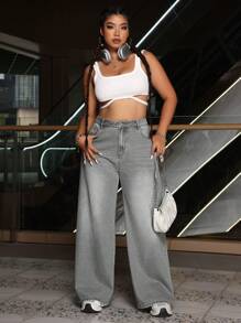 SHEIN EZwear Plus Size Women's Casual Washed Straight Leg Jeans - Grey - View 4