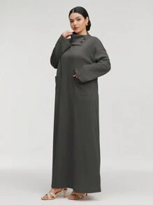 Al Najma 女式纯色高领长袖口袋宽松长款休闲阿拉伯朴素连衣裙，休闲风格，适合日常休闲/旅游/度假/休假/家居服，超长款阿拉伯朴素连衣裙 - 灰色 - 查看 4
